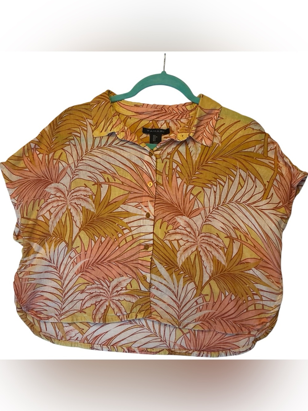 Tahari Yellow & Orange Palm Print Short-Sleeve Button-Down Shirt sz L